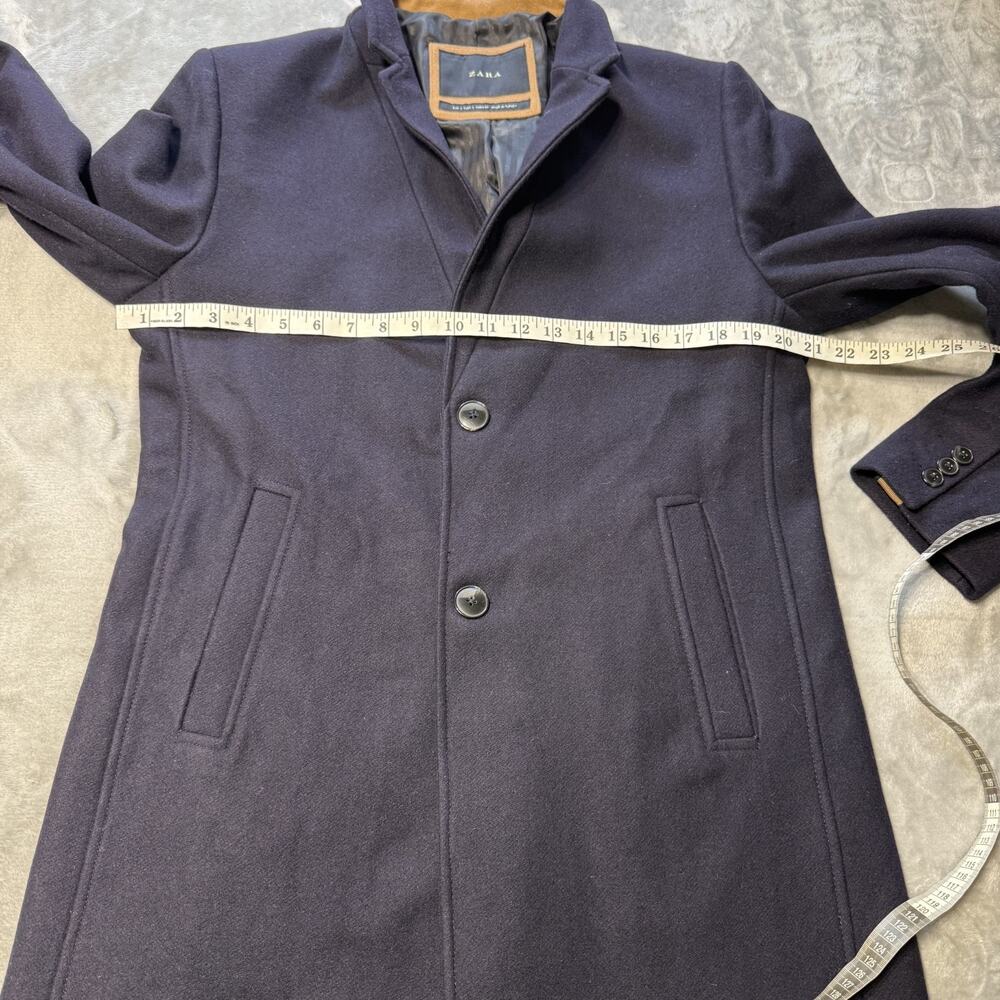 ZARA Mens Navy Blue Wool Blend Overcoat Jacket Peacoat 2 front Button Sz Large - Picture 6 of 13
